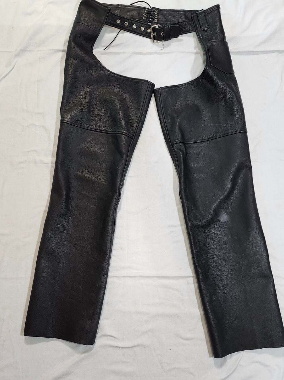 Black Leather Motorcycle Riding Chaps with Belt and Buckle